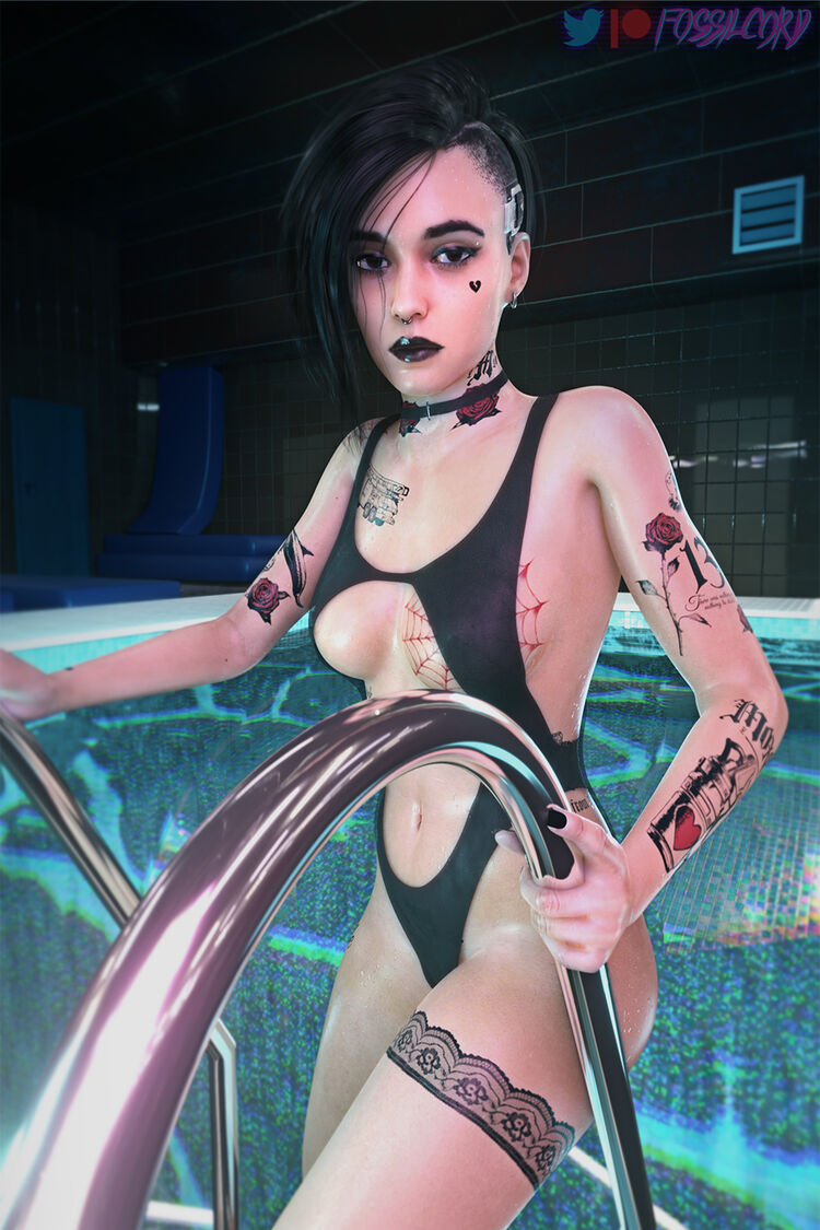 Goth Judy in a pool