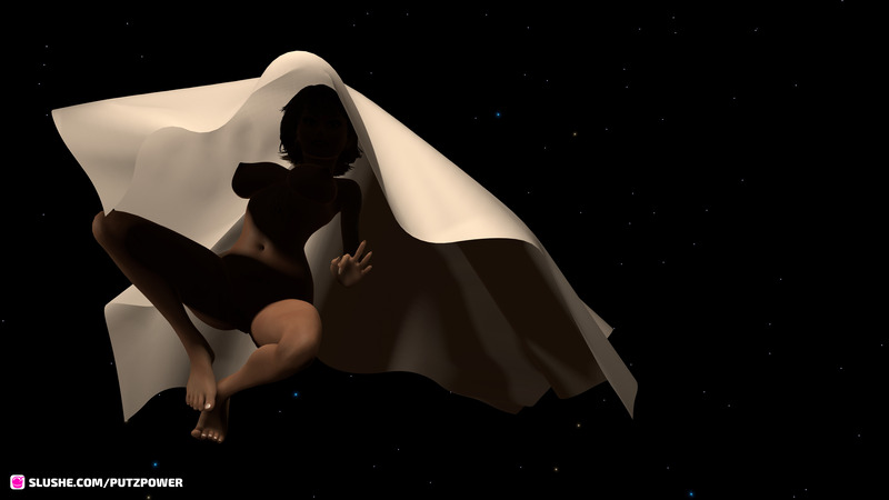 Tripping out VR  in Zero-G with a busty naked chic and a simulated sheet.