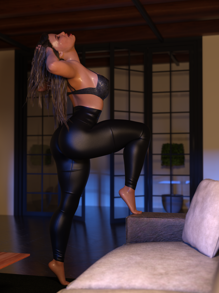 Staci posing in wet-look tights