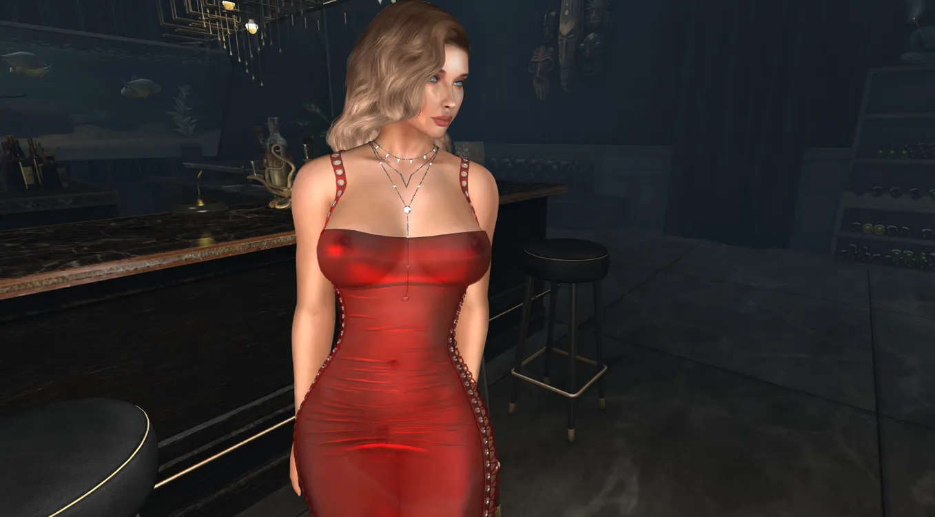 Hannah in a red sheer dress