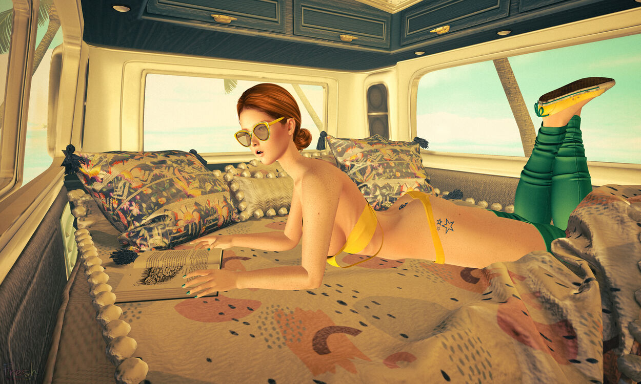 She relaxes in the van at the end of the road, surrounded only by the paradise sea and sky.