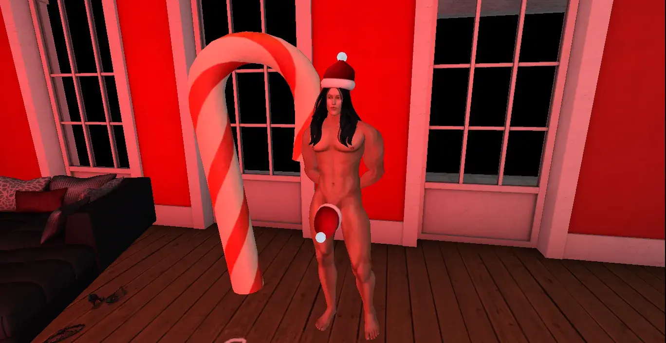 naughty Santa in the Christmas with candy cones and Christmas dildo tree