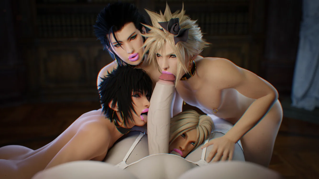 FF Bois (Cloud, Noctis, Zack, and Vaan) worshipping Lady D's dong